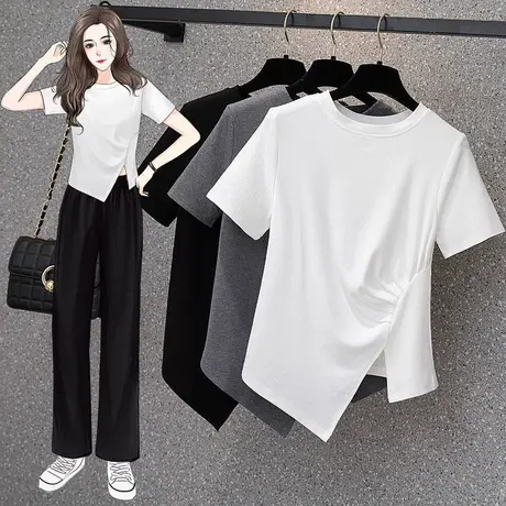 大码女装2025夏款新款胖妹妹百搭纯色宽松设计感不规则显瘦T恤女商品大图