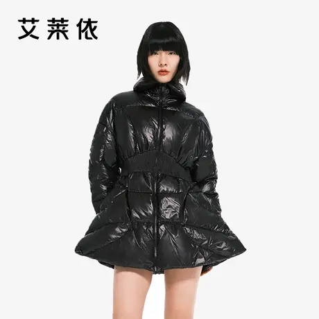 艾莱依反季鹅绒服女时尚收腰设计师款翻领质感拼接百搭羽绒服外套图片