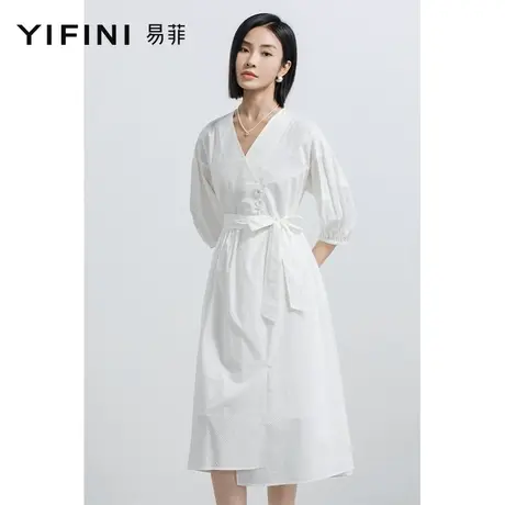 Yifini/易菲五分袖V领宽松连衣裙女2023春夏新款休闲白色纯棉裙子图片