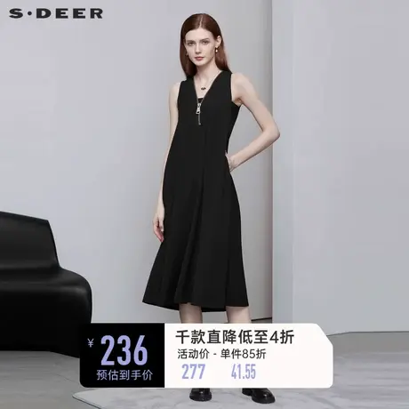 sdeer圣迪奥小黑裙V领肌理褶皱无袖黑色连衣裙S222Z12Y8商品大图