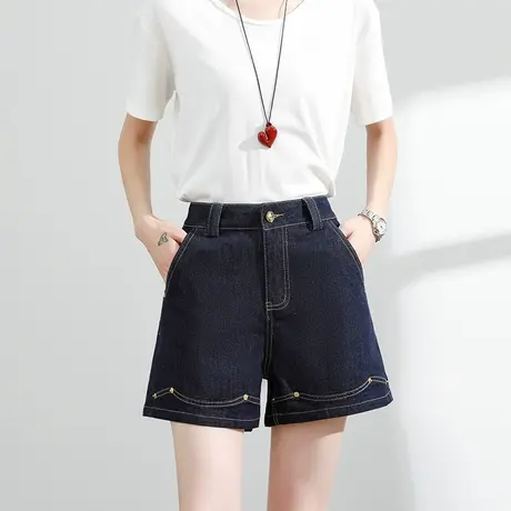 明线铆钉牛仔短裤女夏季薄款高腰显瘦a字宽松复古丹宁蓝阔腿热裤商品大图