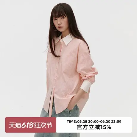 omont蛋挞家 复古撞色领条纹长袖衬衫2025春季宽松休闲廓形衬衣商品大图