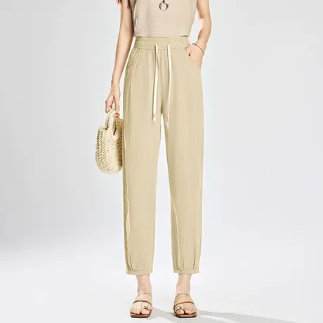 2025夏季新款棉麻薄裤黑色休闲裤高腰大码显瘦小脚裤百搭哈伦裤商品大图