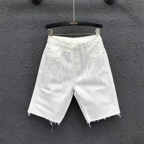 韩版白色潮流五分牛仔裤女士25春季新款辣妹烫钻洋气百搭阔腿裤潮图片