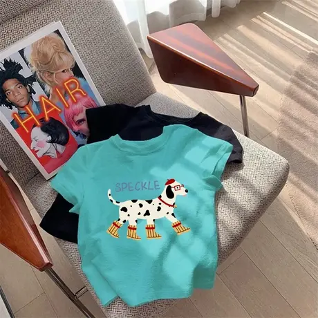 湖蓝色正肩短袖t恤女2025夏季新款美式卡通小狗印花潮牌修身上衣商品大图