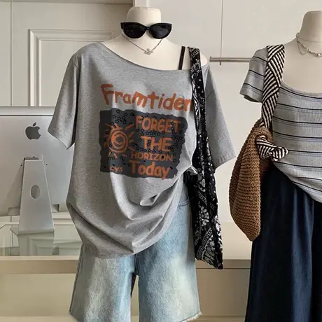 斜肩短袖T恤女oversize大码设计感独特超好看单穿落肩上衣ins潮牌商品大图