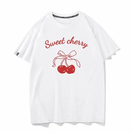 红色樱桃印花纯棉正肩白色短袖t恤女夏新款宽松上衣设计感小众女图片