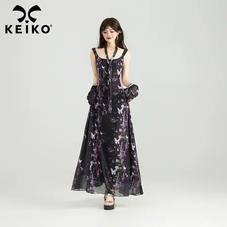 KEIKO迷幻蝶影 弹力薄纱碎花吊带裙25夏季浪漫蝴蝶印花收腰长裙子图片