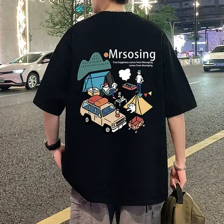 短袖T恤男夏季新款休闲美式体恤潮牌大码圆领纯棉宽松上衣服半袖商品大图