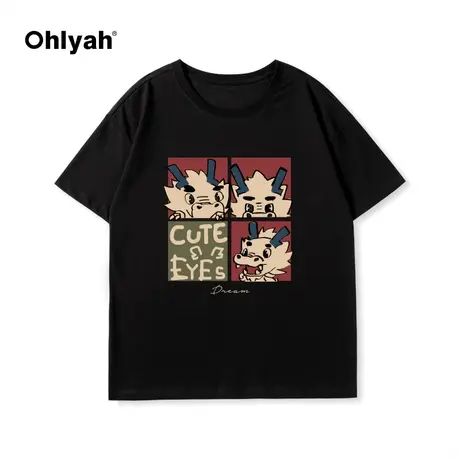 Ohlyah春夏新款拼接小龙印花T恤无性别短袖男女潮流情侣纯棉潮牌商品大图