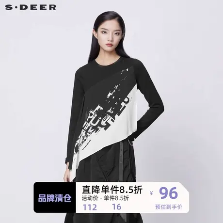 sdeer圣迪奥女装时尚圆领字母印花不规则长袖T恤S21380219图片