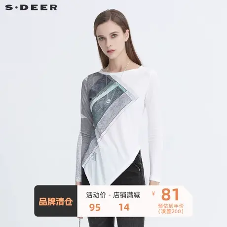 sdeer圣迪奥女装圆领字母印花不规则T恤长袖打底小衫女S20480214图片