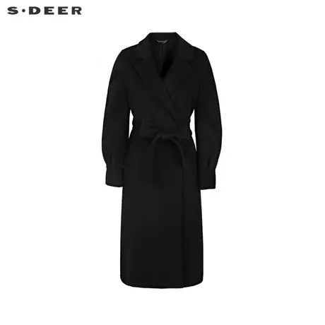 【直播间专属】sdeer圣迪奥西装领收腰黑色长款毛呢大衣S21461815图片
