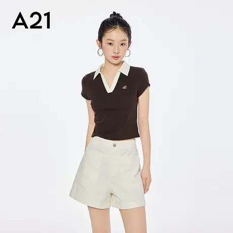 A21女装撞色短款翻领短袖薄款棉质t恤简约修身新款针织衫上衣图片