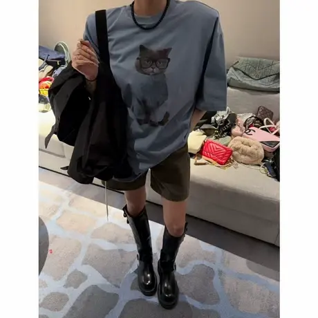 2025夏季新款韩版宽松休闲垫肩猫咪卡通印花短袖T恤女百搭上衣潮商品大图