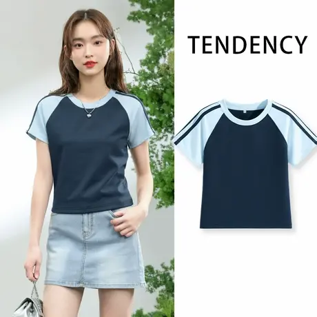 NOB真维斯撞色插肩拼条短袖t恤女2025新款夏季设计感正肩半袖上衣图片