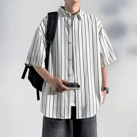 回力冰丝条纹短袖衬衫男士夏季2025新款潮牌衬衣宽松男生半袖外套商品大图