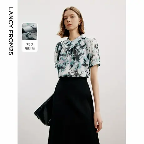 朗姿复古印花设计感短袖上衣女气质高级感2024年秋季新款休闲衬衫图片