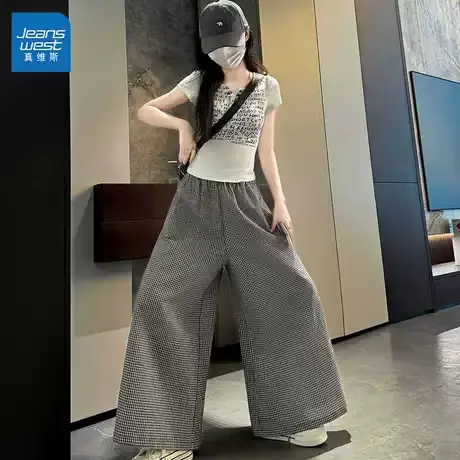 GL真维斯慵懒风格子裤女早秋季松弛感宽松直筒裤裙韩版文艺休闲裤商品大图