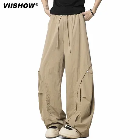 VIISHOW美式复古速干休闲裤男秋户外阔腿裤子宽松透气褶皱伞兵裤图片