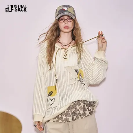 妖精的口袋不规则贴布印花连帽针织衫女2025夏新款慵懒风薄款罩衫商品大图