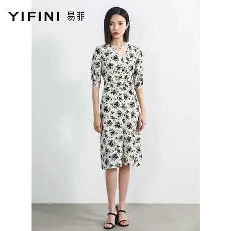 Yifini/易菲V领短袖收腰显瘦优雅气质连衣裙女2023夏季新款印花裙图片