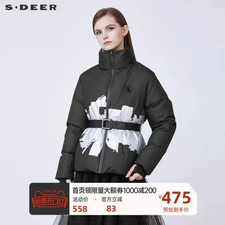 sdeer圣迪奥女装个性高领字母撞色收腰短款羽绒服S21482460🌗商品大图