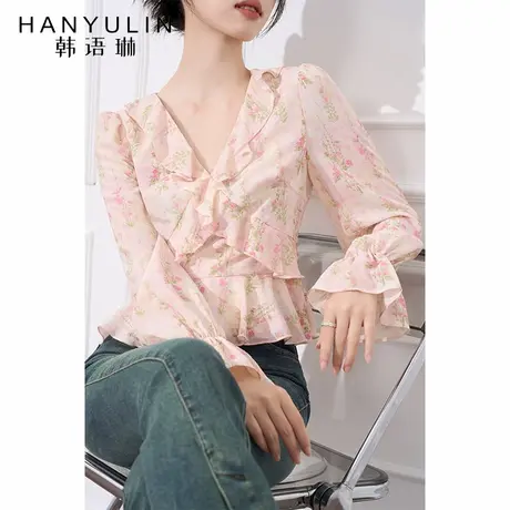 粉色长袖衬衫2025新款女轻奢高级感法式气质收腰春秋短款碎花上衣商品大图