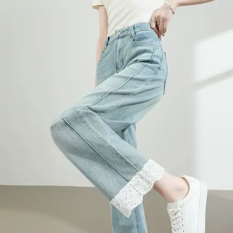 复古蕾丝拼接直筒牛仔裤女夏季薄款高腰宽松大码小个子九分阔腿裤商品大图