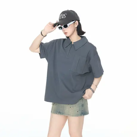 YEP复古纯色拉链POLO衫男女夏季新款短袖t恤正肩宽松情侣装半袖潮图片