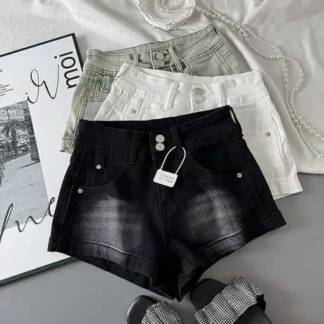 小个子简约复古双扣牛仔阔脚裤女辣妹夏季新款弹力修身a字热裤潮商品大图