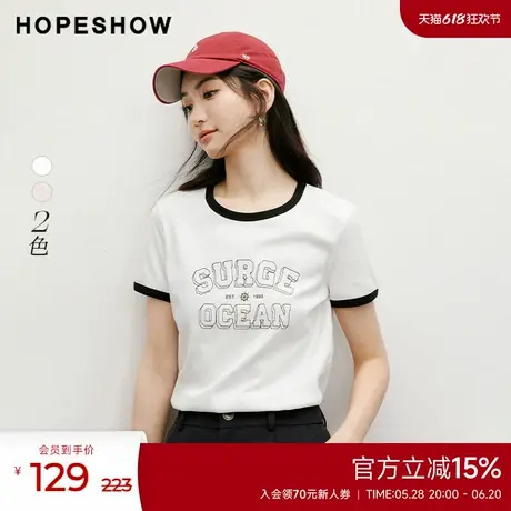 红袖2025夏季新款女装字母主题印花H型正肩撞色圆领套头T恤商品大图