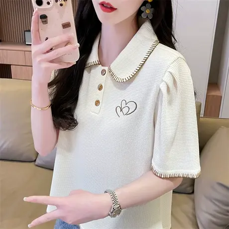 设计感小众polo领短袖t恤女夏季韩版宽松小个子短款华夫格上衣服图片
