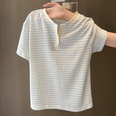 纽扣半开领条纹短袖T恤女夏季宽松韩版内搭打底衫设计感小众上衣商品大图