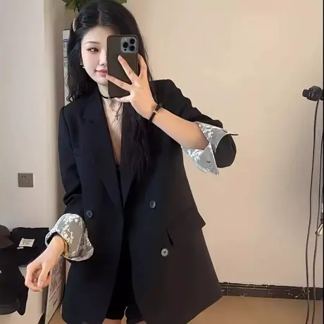 高级感西装外套女小个子2025春新款韩版宽松休闲小众蕾丝拼接西服图片