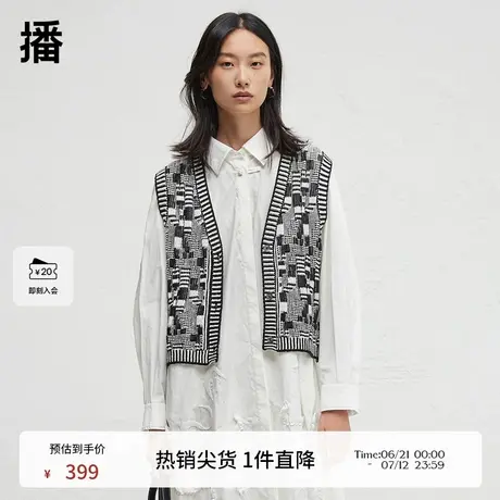 播商场同款黑白格纹针织开衫女24春秋复古马甲背心BDR3UD3262商品大图