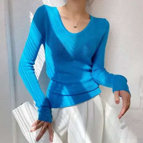 低领打底衫女秋冬洋气百搭内搭薄款微透t恤u领长袖纯色修身针织衫商品大图