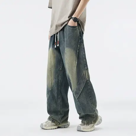 Nuthink美式复古拼接阔腿牛仔裤男潮牌松紧宽松直筒长裤2025新款图片