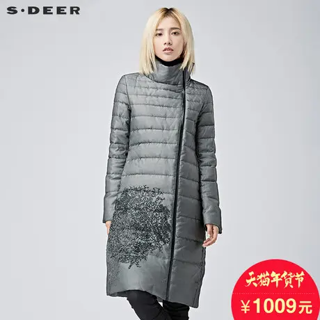 sdeer圣迪奥2017冬装古典素朴绣花斜襟长款灰调羽绒服女S16482486图片