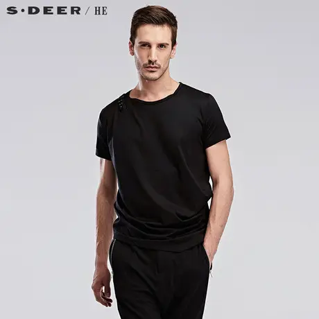 S.Deer/He圣迪奥设计感纯色垂褶搭袢装饰圆领全棉短袖H14270184图片