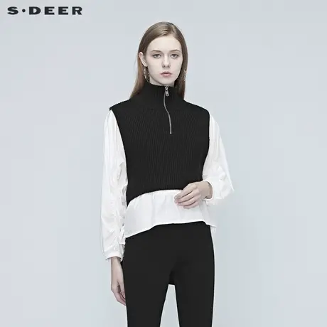 sdeer圣迪奥女装休闲抽褶衬衫拼接两件套高领毛衣S20383513图片