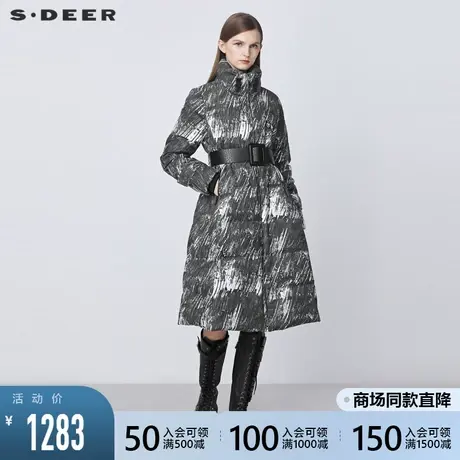 sdeer圣迪奥2021冬季新品高领抽绳涂鸦收腰长款羽绒服女S21482421图片