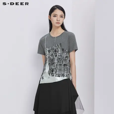 sdeer圣迪奥女夏装圆领撞色印花不规则短袖T恤S21280170图片