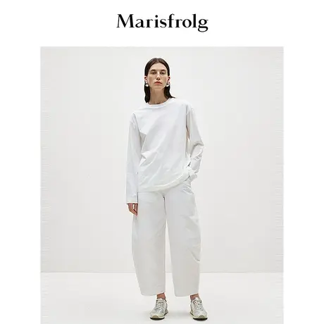 【精简美学】玛丝菲尔春季云白色纯色圆领长袖T恤女图片