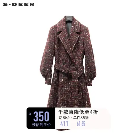 sdeer圣迪奥女装休闲西装领收腰格子长款大衣S224Z25C4😩商品大图