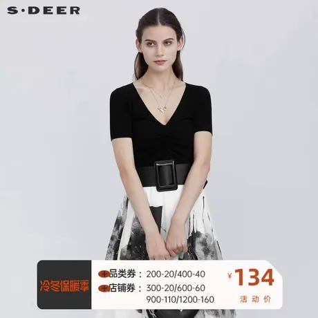 sdeer圣迪奥休闲V领抽绳修身短袖针织衫S21283501图片