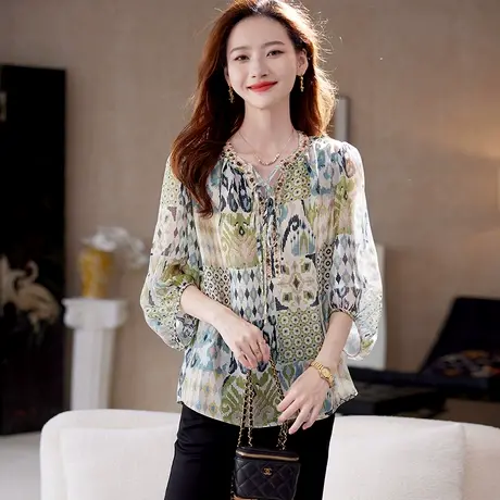 宝诗黎七分袖系带印花雪纺衫2025夏季时尚百搭洋气波嬉风休闲衬衣图片