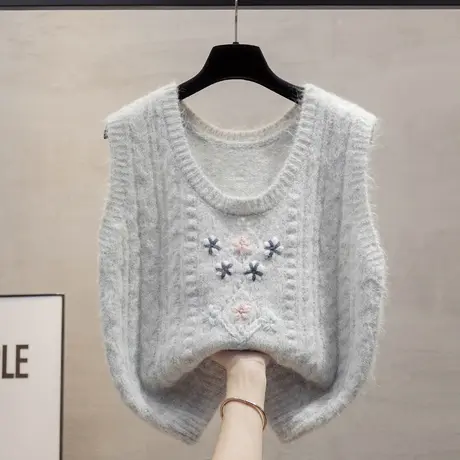 手工花镂空圆领针织马甲背心女2025春秋新款宽松外穿马夹毛衣坎肩商品大图