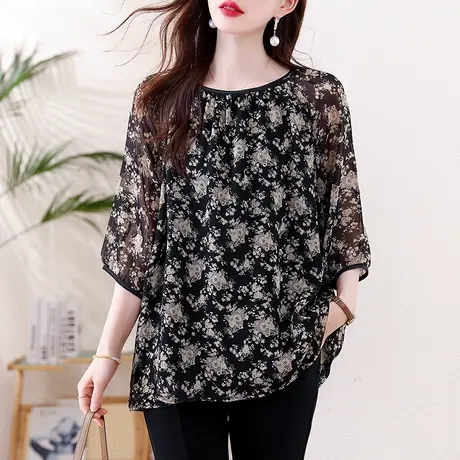 七分袖雪纺衫女夏季新款加大码女装宽松中年妈妈洋气碎花小衫上衣图片
