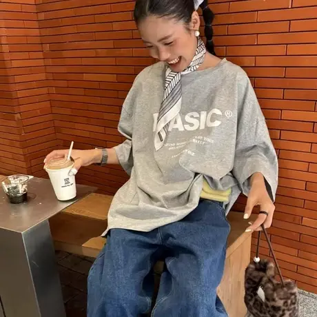 韩系2025夏季新款大版慵懒风bf字母印花短袖学院风T恤百搭上衣女商品大图